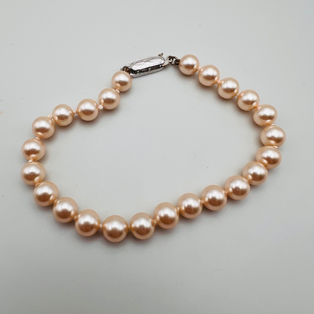 Vintage Champagne Faux Pearl Strand Bracelet Silver Tone‎ Filigree Clasp 8 Inch